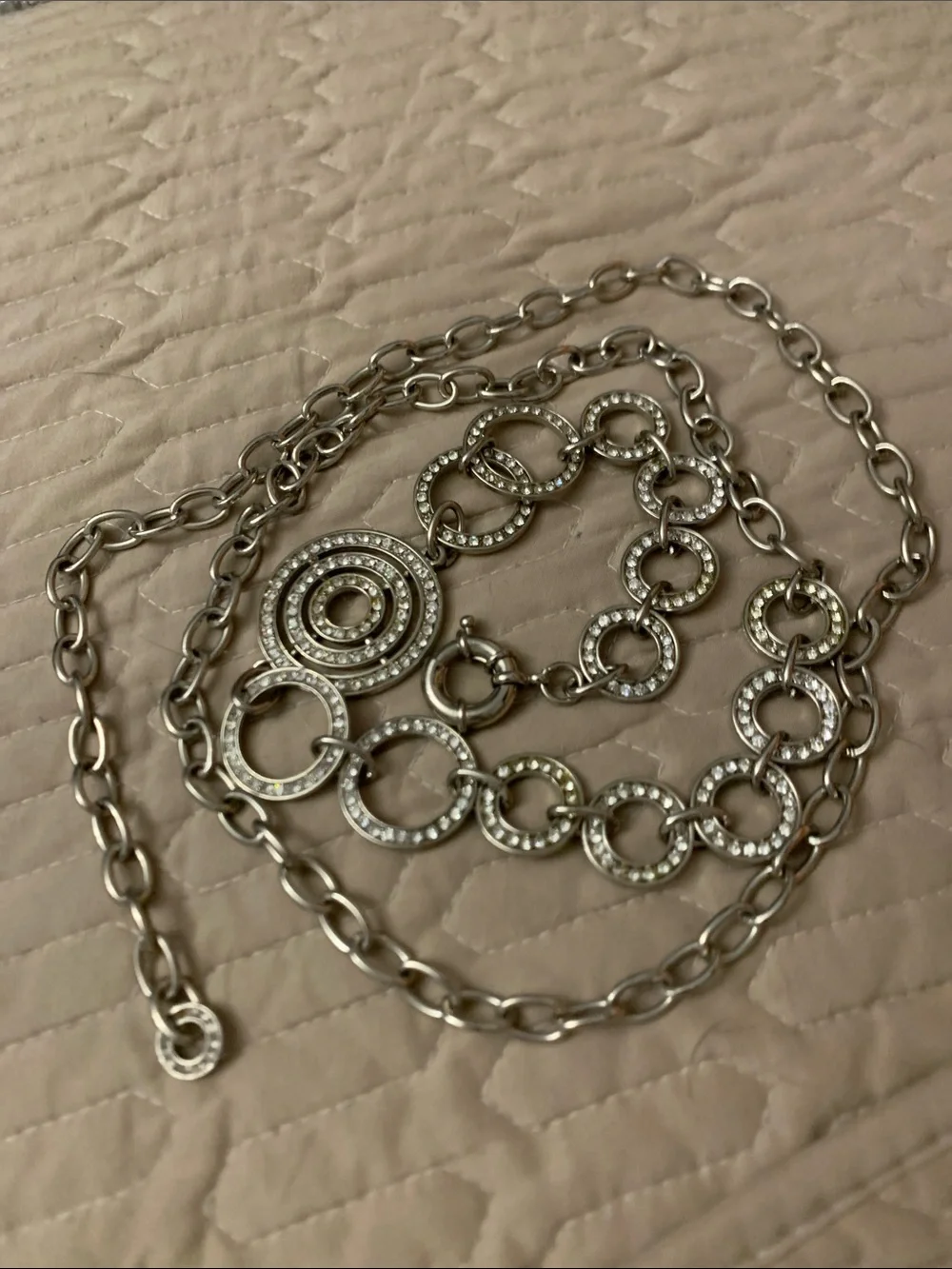 Rhinestone-Accented Silver Chain Belt 52” L